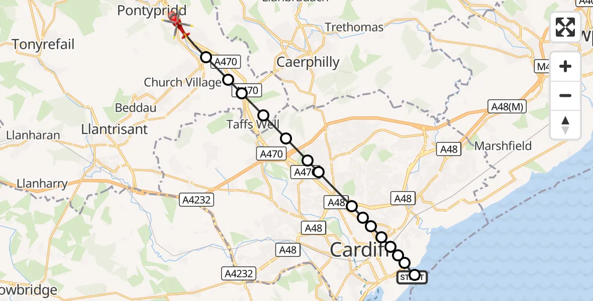 Flight route Air Ambulance Helicopter Cardiff Heliport - Pontypridd, 08 October 2026, 10:21