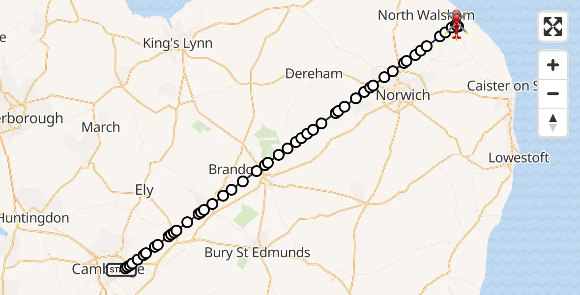 Flight route Air Ambulance Helicopter Cambridge City Airport - North Norfolk, 08 October 2026, 10:21