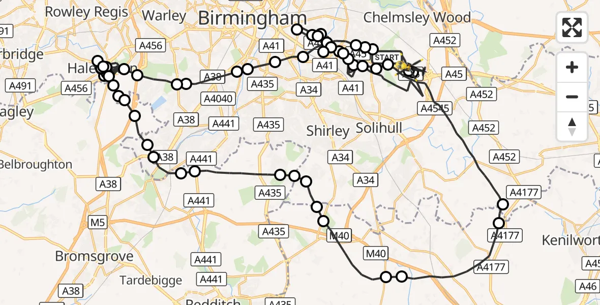 Flight route Police Helicopter Sheldon - Birmingham Airport, 08 October 2026, 10:25