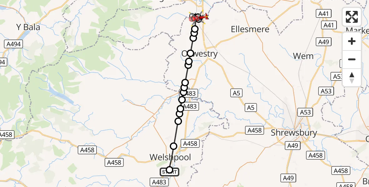 Flight route Air Ambulance Helicopter Welshpool Airport - Chirk, 08 October 2026, 10:39
