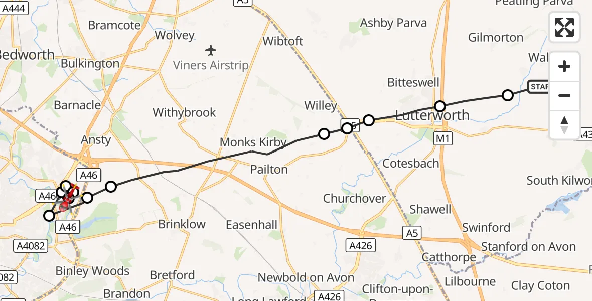 Flight route Air Ambulance Helicopter Kimcote and Walton - University Hospital Coventry, 08 October 2026, 10:44