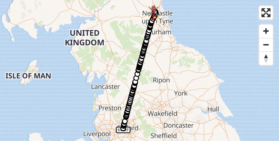 Flight route Air Ambulance Helicopter Manchester Barton Aerodrome - Newcastle International Airport, 08 October 2026, 10:44
