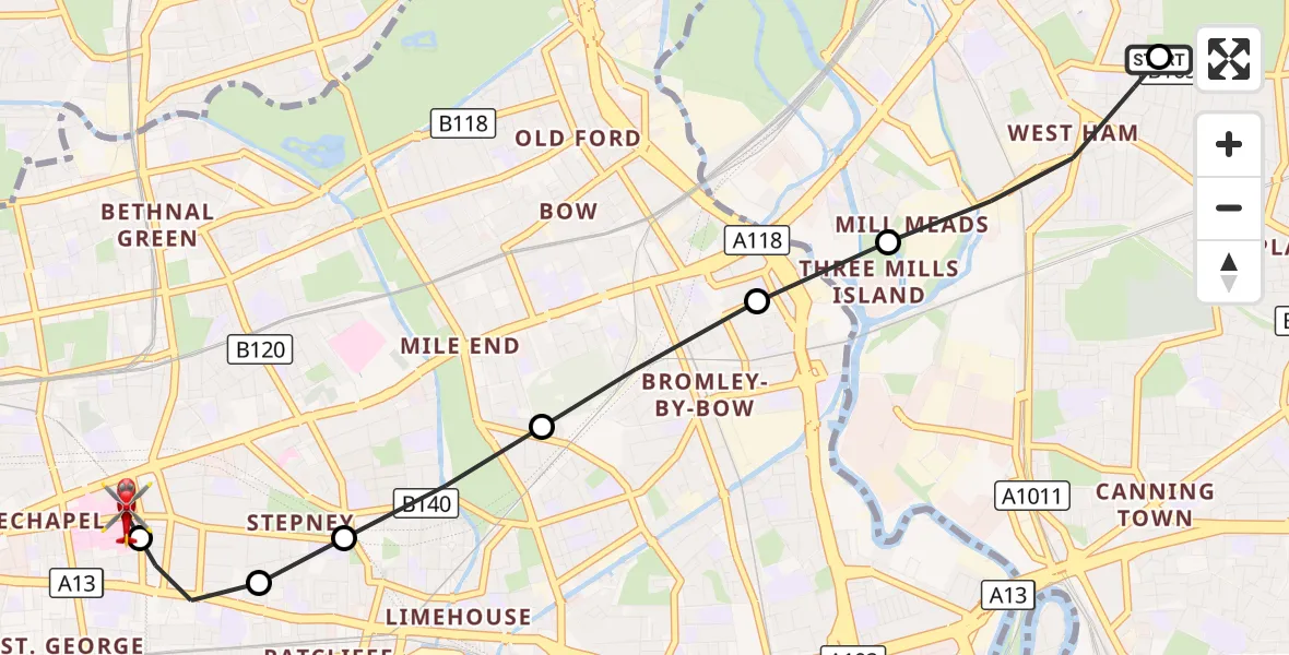 Flight route Air Ambulance Helicopter West Ham - Royal London Hospital, 08 October 2026, 10:51