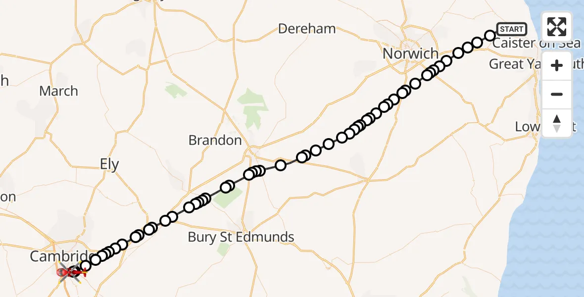 Flight route Air Ambulance Helicopter Great Yarmouth - Papworth Hospital, 08 October 2026, 10:53