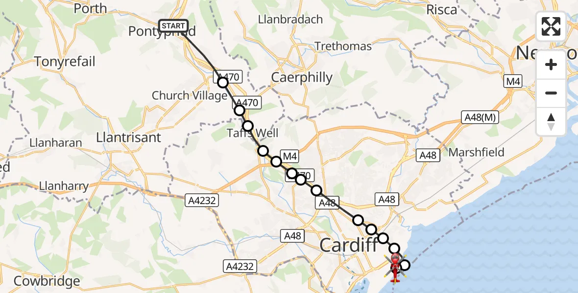 Flight route Air Ambulance Helicopter Pontypridd - Cardiff Heliport, 08 October 2026, 10:57
