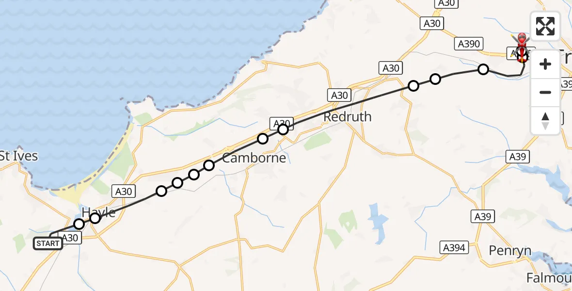 Flight route Air Ambulance Helicopter Lelant Saltings - Treliske Hospital, 08 October 2026, 11:02
