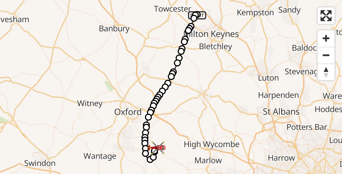 Flight route Air Ambulance Helicopter Hanslope - RAF Benson, 08 October 2026, 11:02