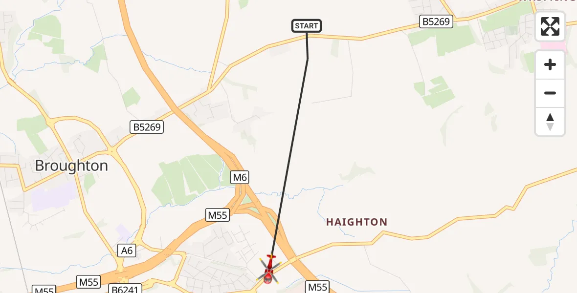 Flight route Air Ambulance Helicopter Goosnargh - Preston, 08 October 2026, 11:09