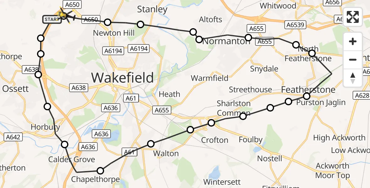 Flight route Police Helicopter East Ardsley - East Ardsley, 08 October 2026, 11:14