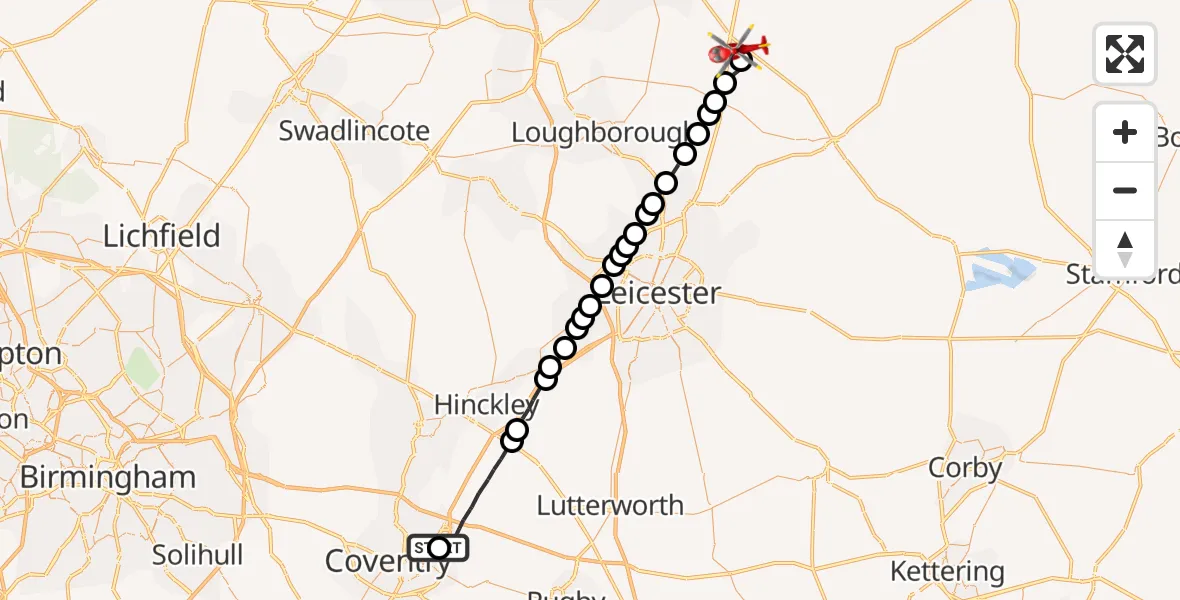 Flight route Air Ambulance Helicopter University Hospital Coventry - Hickling, 08 October 2026, 11:16