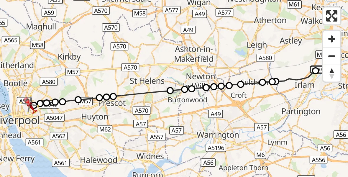 Flight route Air Ambulance Helicopter Manchester Barton Aerodrome - Everton, 08 October 2026, 11:16