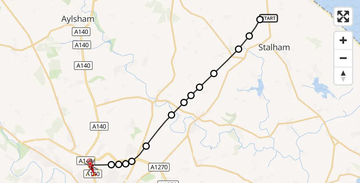 Flight route Air Ambulance Helicopter North Norfolk - Norwich Airport, 08 October 2026, 11:20