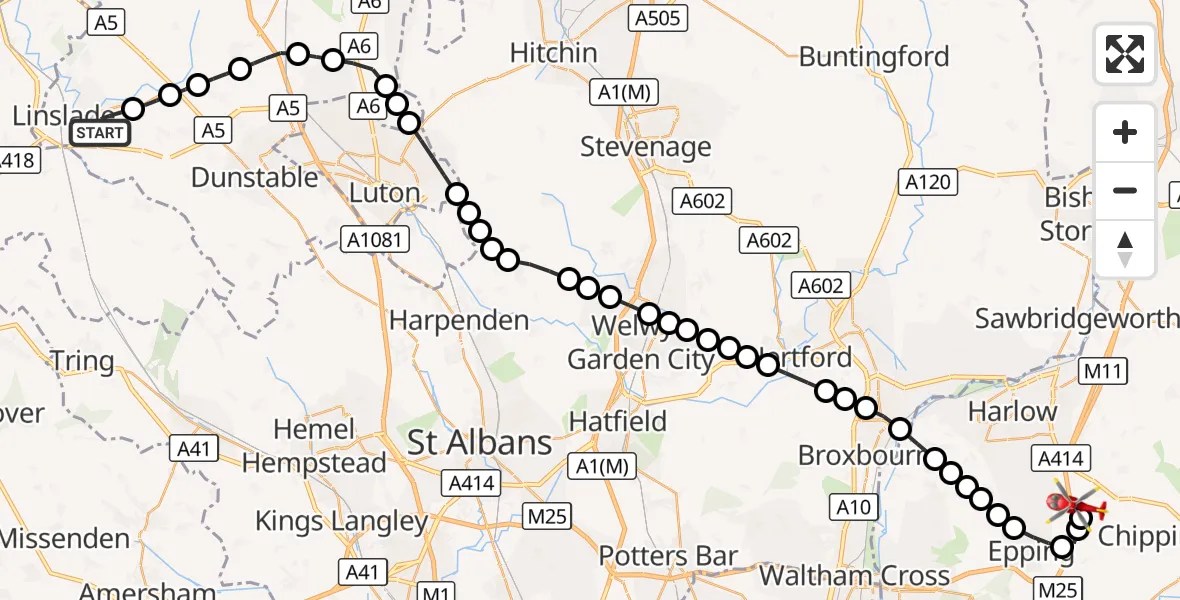 Flight route Air Ambulance Helicopter Leighton Buzzard - North Weald Airfield, 08 October 2026, 11:21