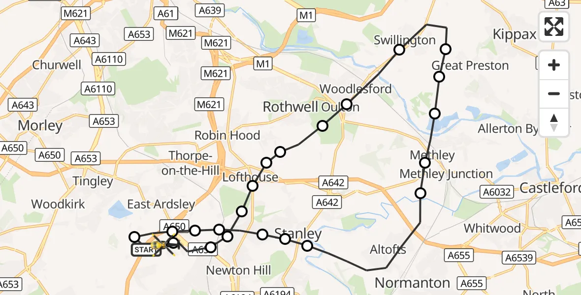 Flight route Police Helicopter East Ardsley - East Ardsley, 08 October 2026, 11:45