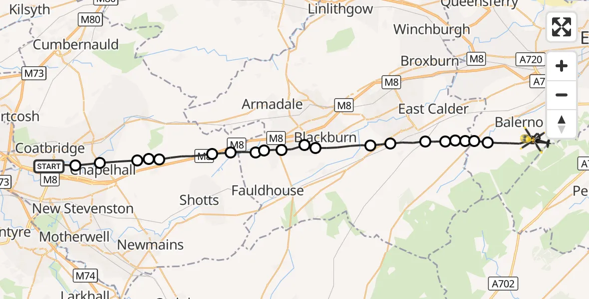 Flight route Police Helicopter Coatbridge - Balerno, 08 October 2026, 11:49