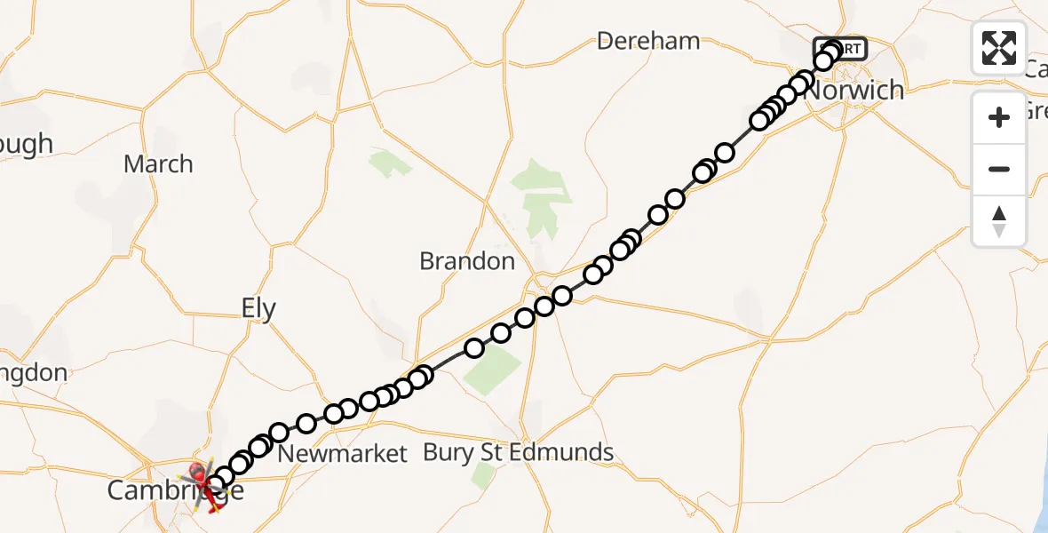 Flight route Air Ambulance Helicopter Norwich Airport - Cambridge City Airport, 08 October 2026, 11:50
