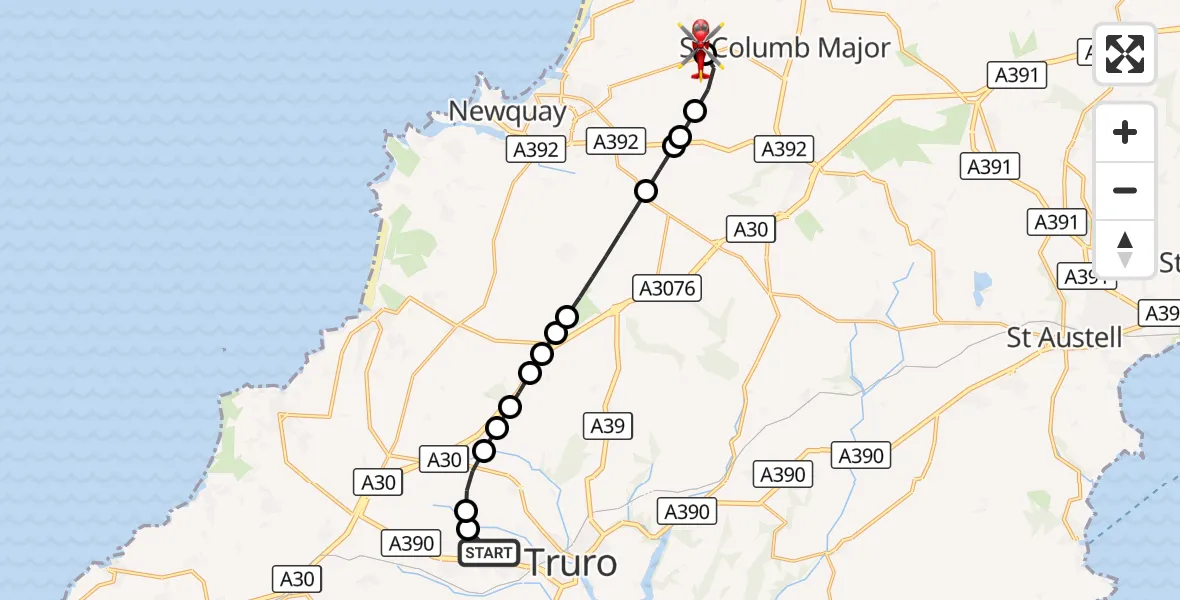 Flight route Air Ambulance Helicopter Treliske Hospital - Cornwall Airport Newquay, 08 October 2026, 11:53