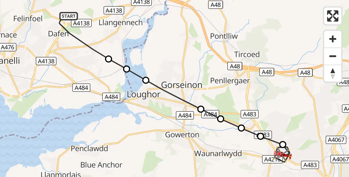 Flight route Air Ambulance Helicopter Dafen - Gendros, 08 October 2026, 11:56