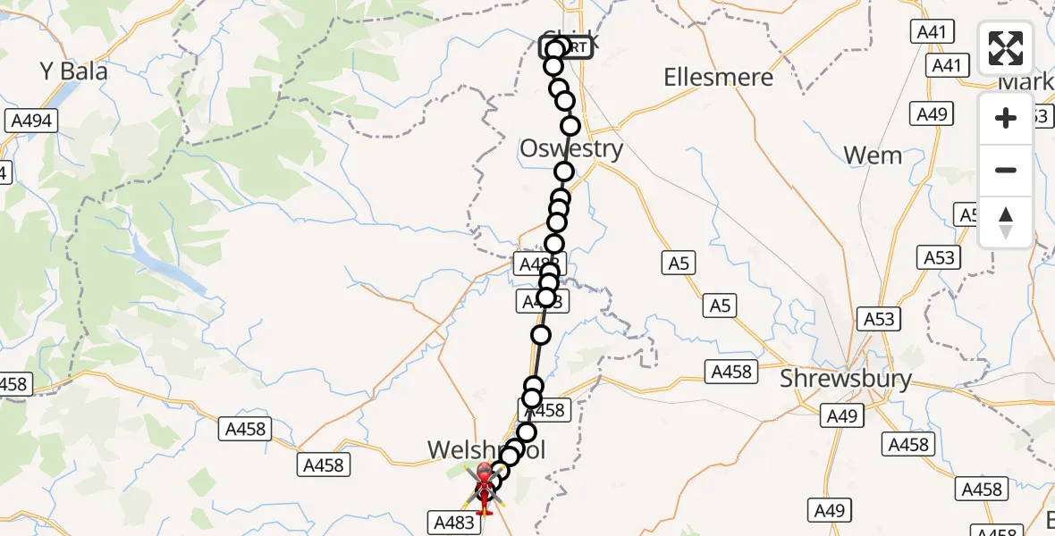 Flight route Air Ambulance Helicopter Chirk - Welshpool Airport, 08 October 2026, 11:56
