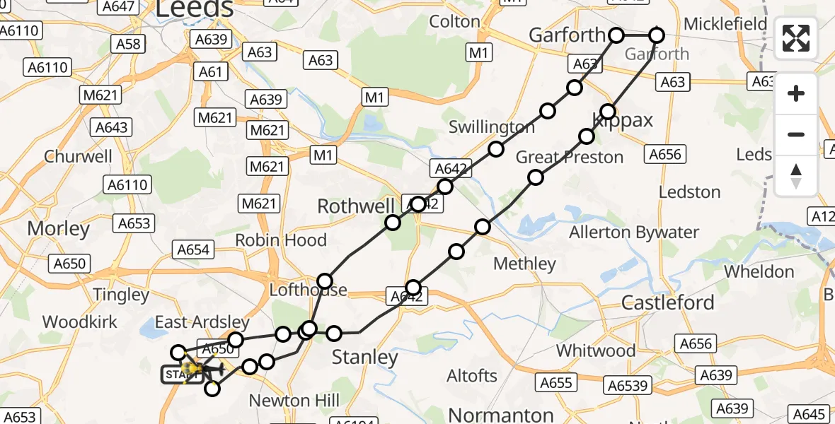 Flight route Police Helicopter East Ardsley - East Ardsley, 08 October 2026, 12:10