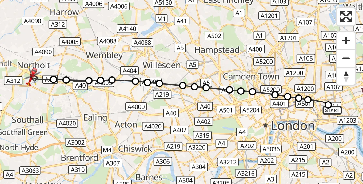 Flight route Air Ambulance Helicopter Royal London Hospital - Greenford, 08 October 2026, 12:22