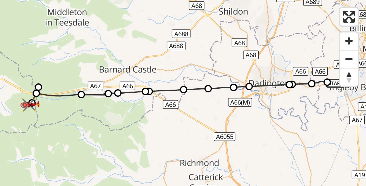Flight route Air Ambulance Helicopter Egglescliffe - Stainmore, 08 October 2026, 12:28