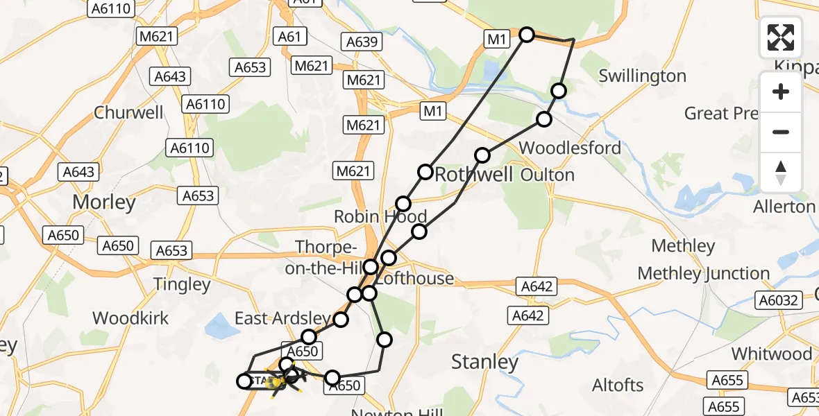 Flight route Police Helicopter East Ardsley - East Ardsley, 08 October 2026, 12:41