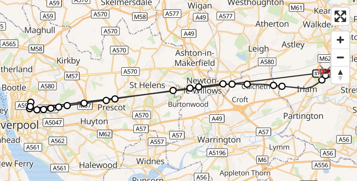 Flight route Air Ambulance Helicopter Manchester Barton Aerodrome - Worsley, 08 October 2026, 12:42
