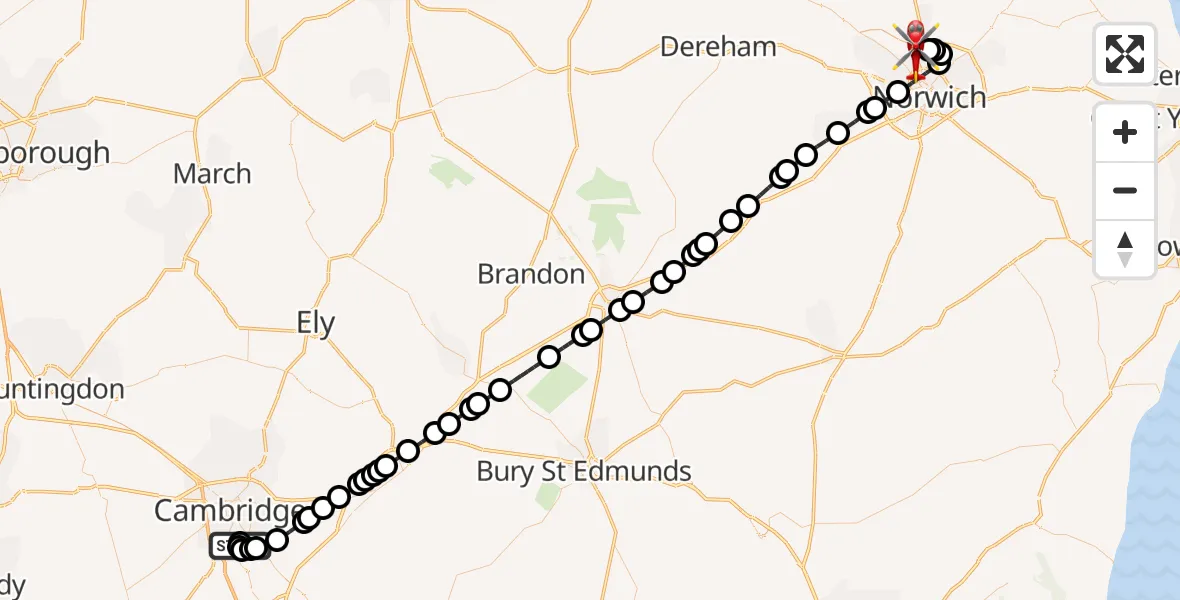 Flight route Air Ambulance Helicopter Papworth Hospital - Norwich Airport, 08 October 2026, 12:47