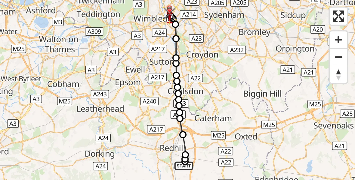 Flight route Air Ambulance Helicopter Redhill Aerodrome - St Georges Hospital, 08 October 2026, 12:49