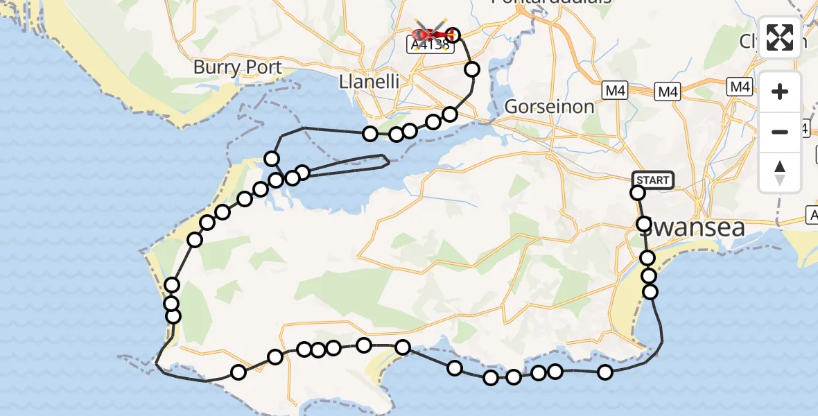 Flight route Air Ambulance Helicopter Gendros - Dafen, 08 October 2026, 12:52