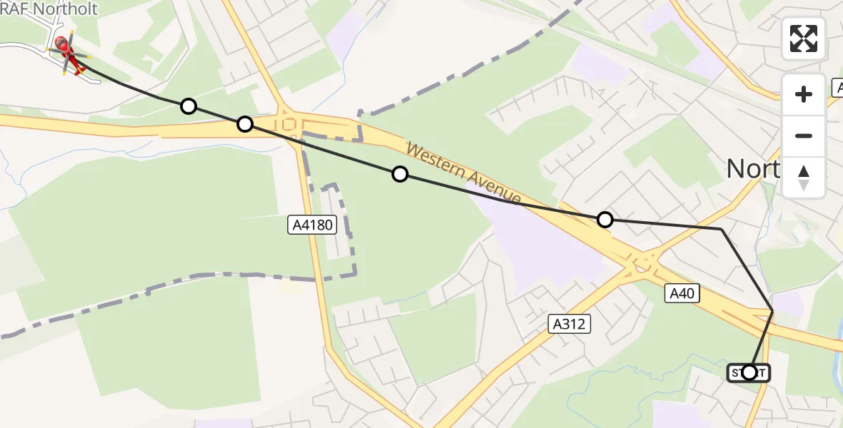 Flight route Air Ambulance Helicopter Greenford - RAF Northolt, 08 October 2026, 13:14