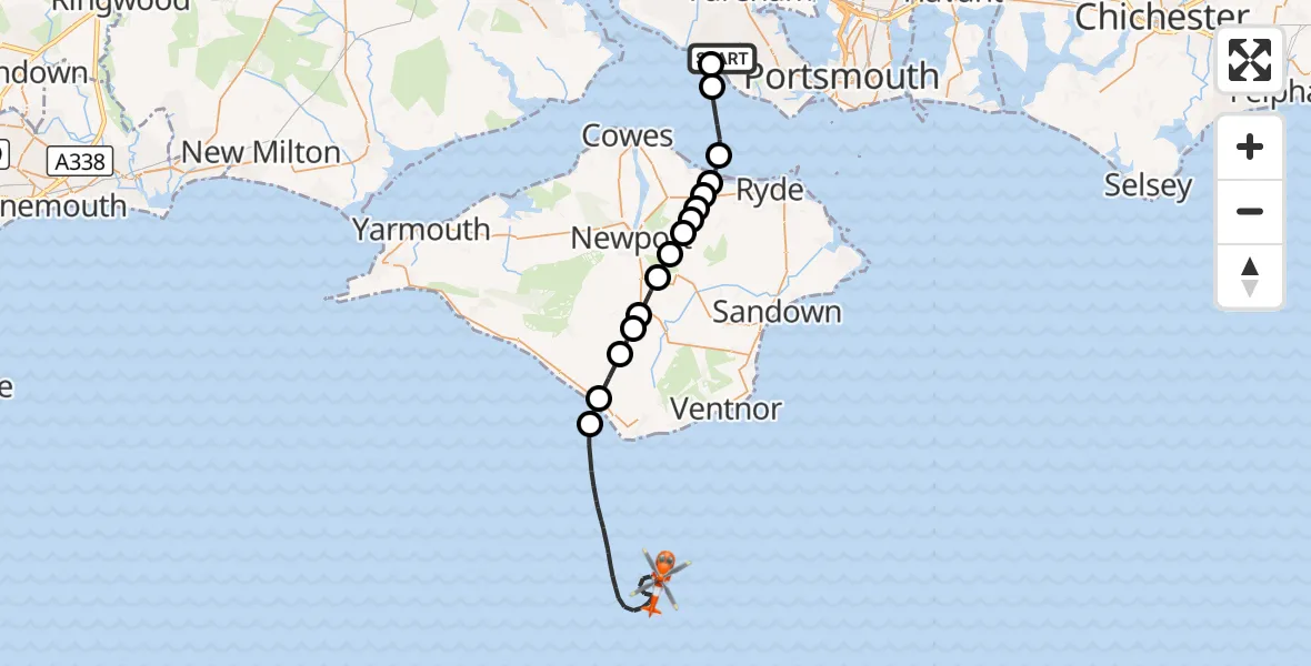 Flight route Coastguard Helicopter Solent Airport - English Channel, 08 October 2026, 13:19