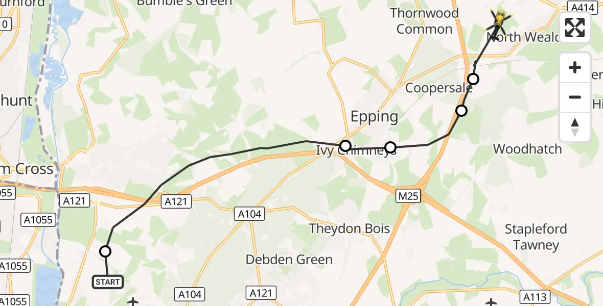 Flight route Police Helicopter Sewardstonebury - North Weald Airfield, 08 October 2026, 13:28