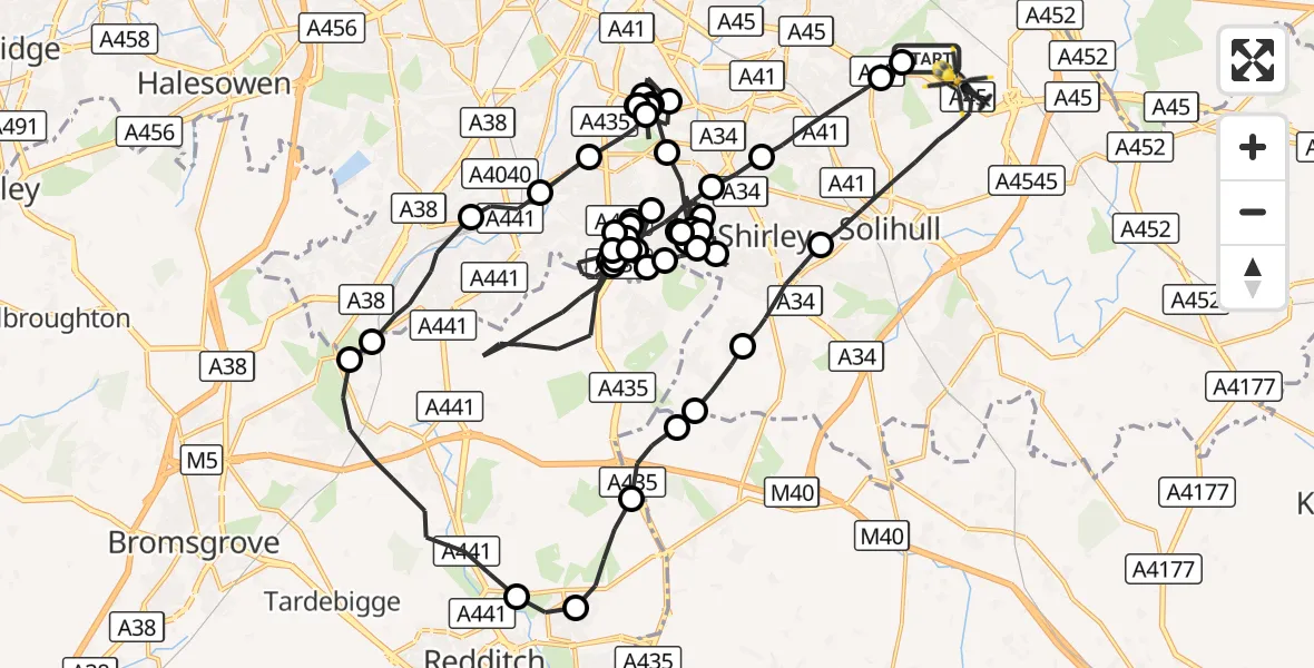 Flight route Police Helicopter Sheldon - Solihull, 08 October 2026, 13:35