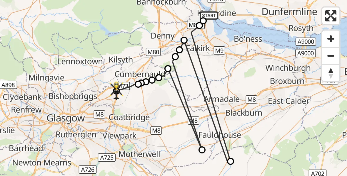 Flight route Police Helicopter Airth - Mollinsburn, 08 October 2026, 13:36