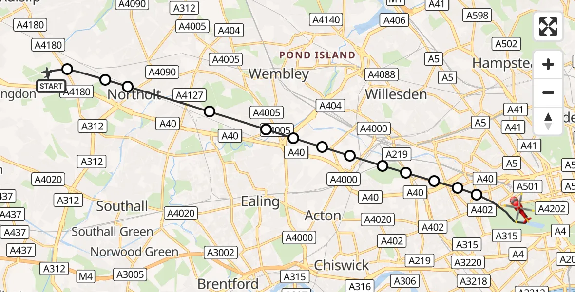 Flight route Air Ambulance Helicopter RAF Northolt - City of Westminster, 08 October 2026, 13:38