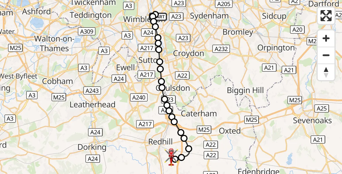Flight route Air Ambulance Helicopter St Georges Hospital - Redhill Aerodrome, 08 October 2026, 13:39