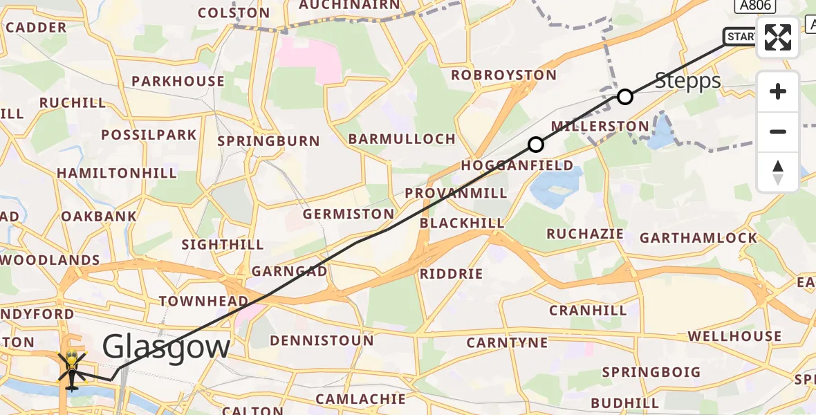 Flight route Police Helicopter Stepps - Glasgow, 08 October 2026, 13:47