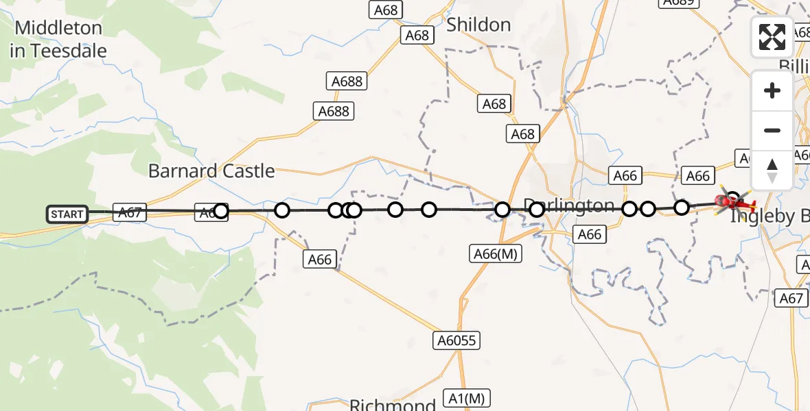 Flight route Air Ambulance Helicopter Bowes - Egglescliffe, 08 October 2026, 13:49
