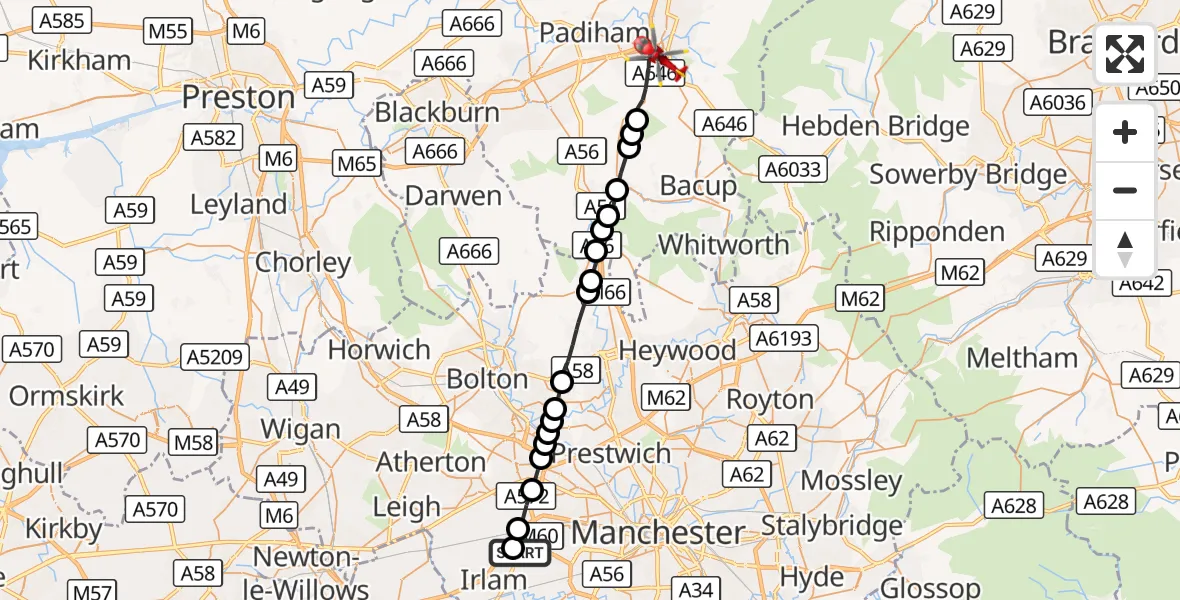 Flight route Air Ambulance Helicopter Manchester Barton Aerodrome - Burnley, 08 October 2026, 13:59