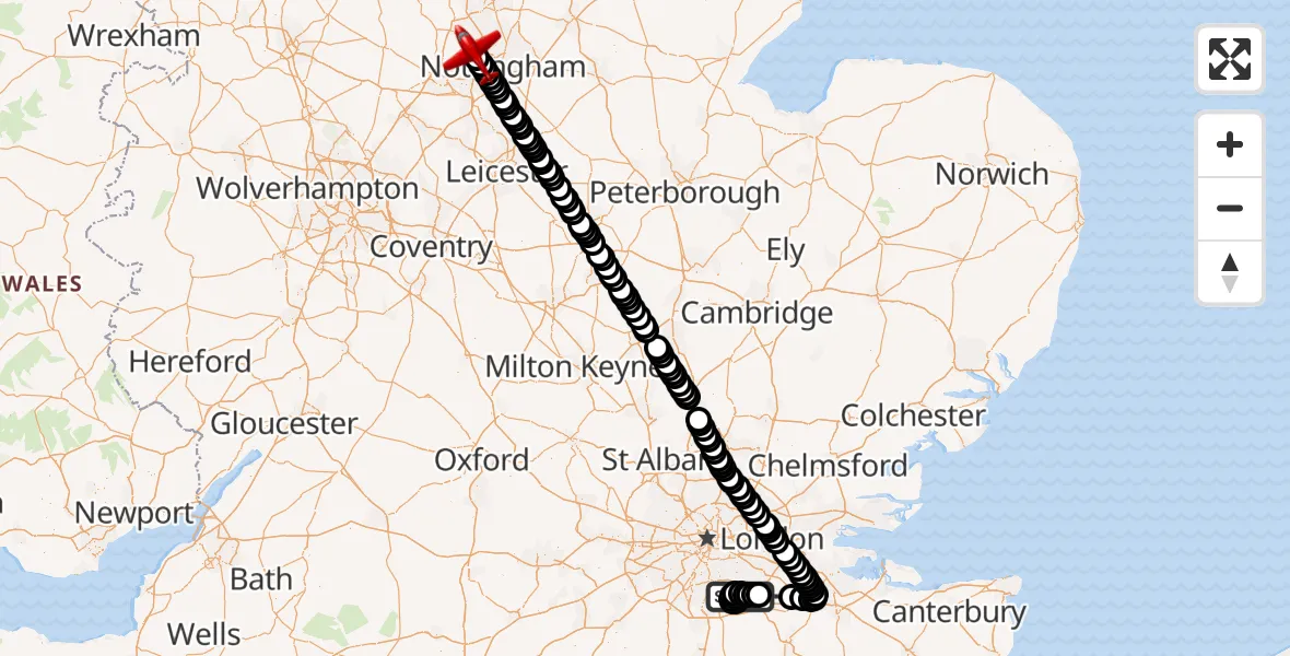 Flight route Air Ambulance Aircraft London Biggin Hill Airport - Ilkeston, 08 October 2026, 14:04