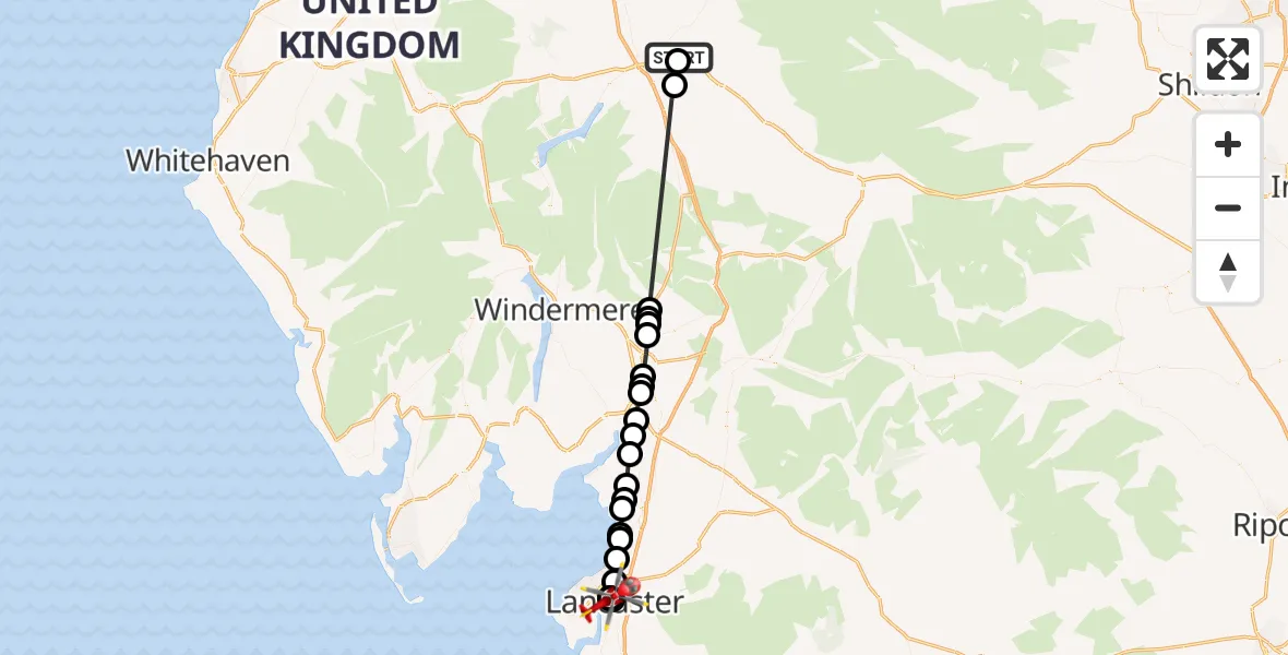Flight route Air Ambulance Helicopter Edenhall - Aldcliffe, 08 October 2026, 14:12