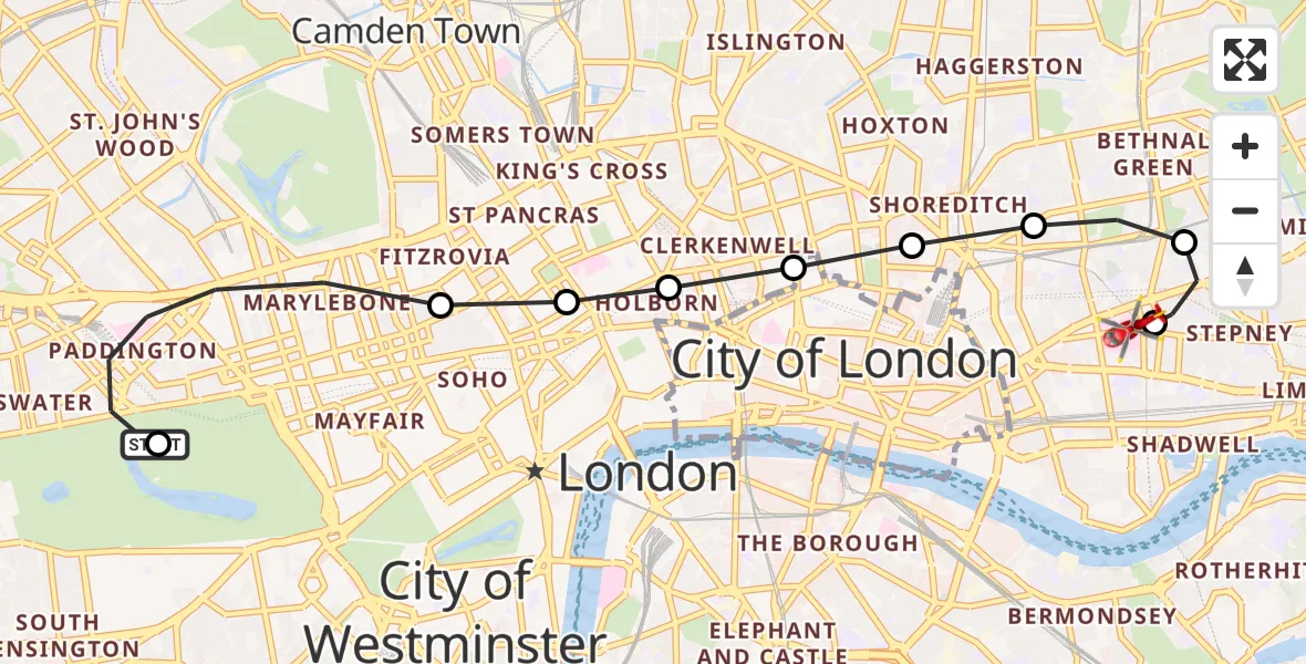 Flight route Air Ambulance Helicopter City of Westminster - Royal London Hospital, 08 October 2026, 14:26