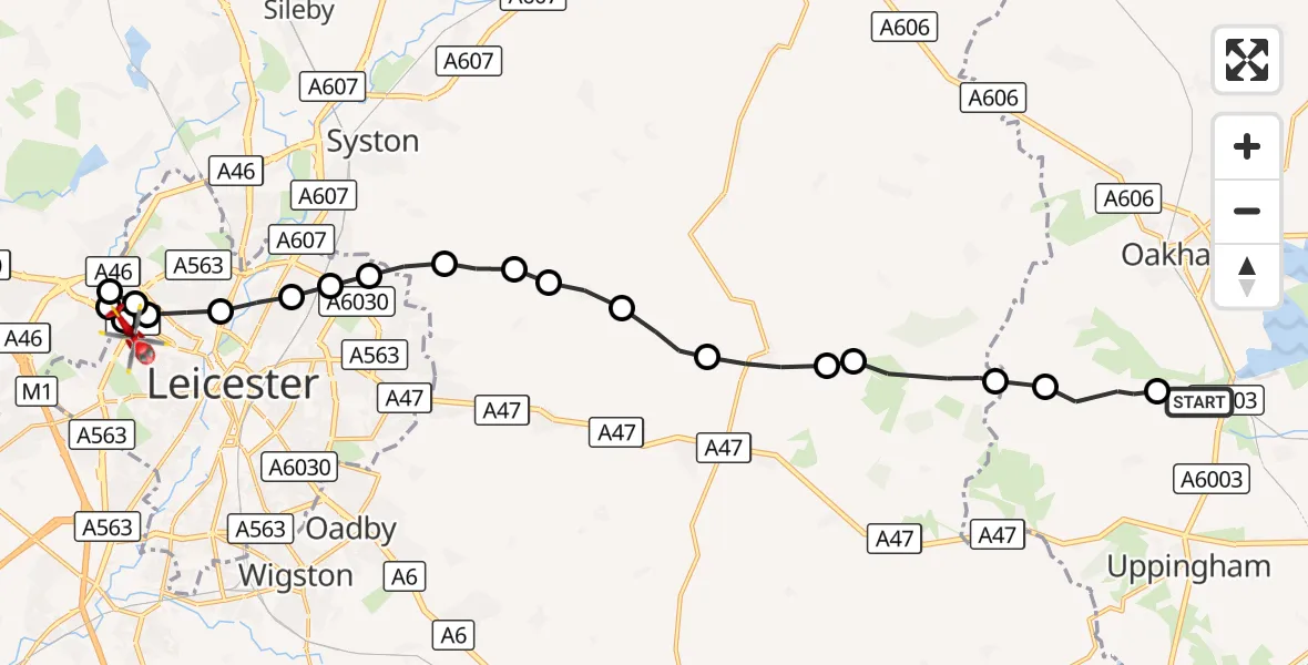 Flight route Air Ambulance Helicopter Martinsthorpe - New Parks, 08 October 2026, 14:38