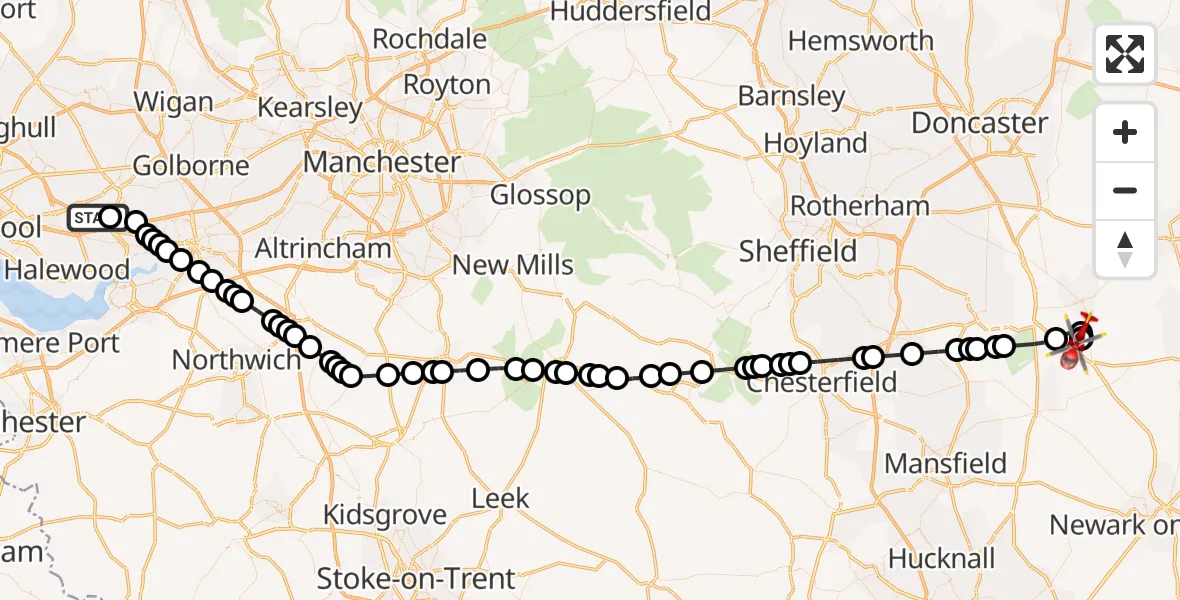 Flight route Air Ambulance Helicopter St Helens - Retford Gamston Airport, 08 October 2026, 15:08