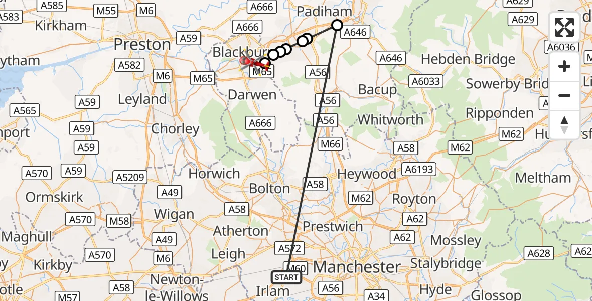 Flight route Air Ambulance Helicopter Manchester Barton Aerodrome - Blackburn, 08 October 2026, 15:08