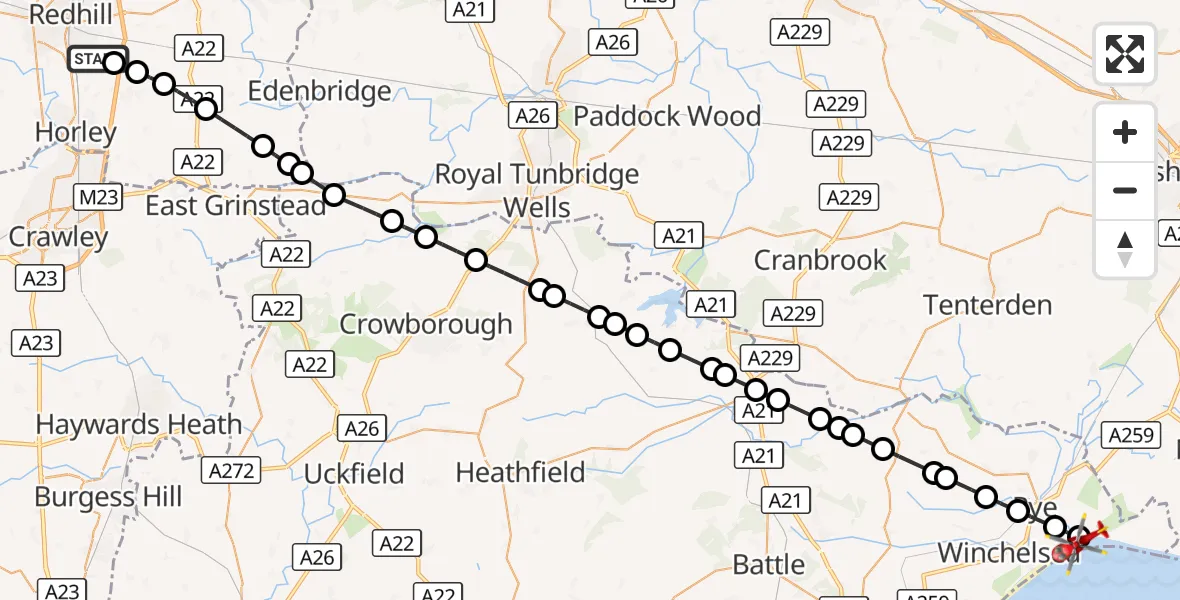 Flight route Air Ambulance Helicopter Redhill Aerodrome - Camber, 08 October 2026, 15:13