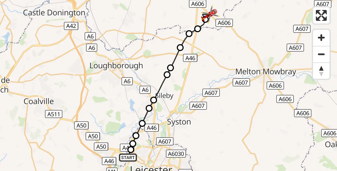 Flight route Air Ambulance Helicopter New Parks - Hickling, 08 October 2026, 15:25