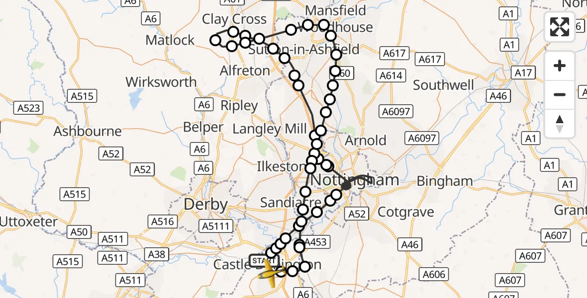 Flight route Police Aircraft Castle Donington - East Midlands Airport, 08 October 2026, 15:32